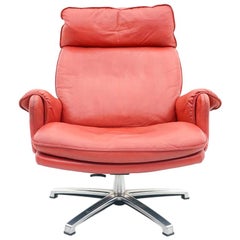 Norwegian Swivel Lounge Chair in Red Leather, 1970s