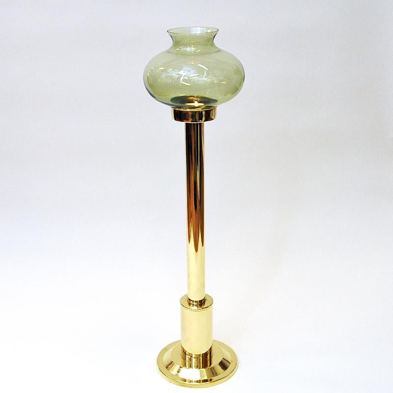 Norwegian Tall Odel Brass Candleholder with Green Shade, 1960s 1