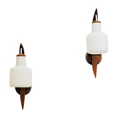 Vintage Norwegian Teak and Opaline Pair of Wall Lamps by Thoresens Agentur, 1950s