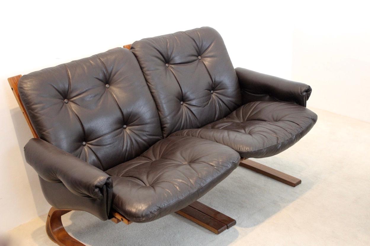 Norwegian Teak, Leather Kengu Sofa Set by Elsa & Nordahl Solheim for Rybo Rykken For Sale 4