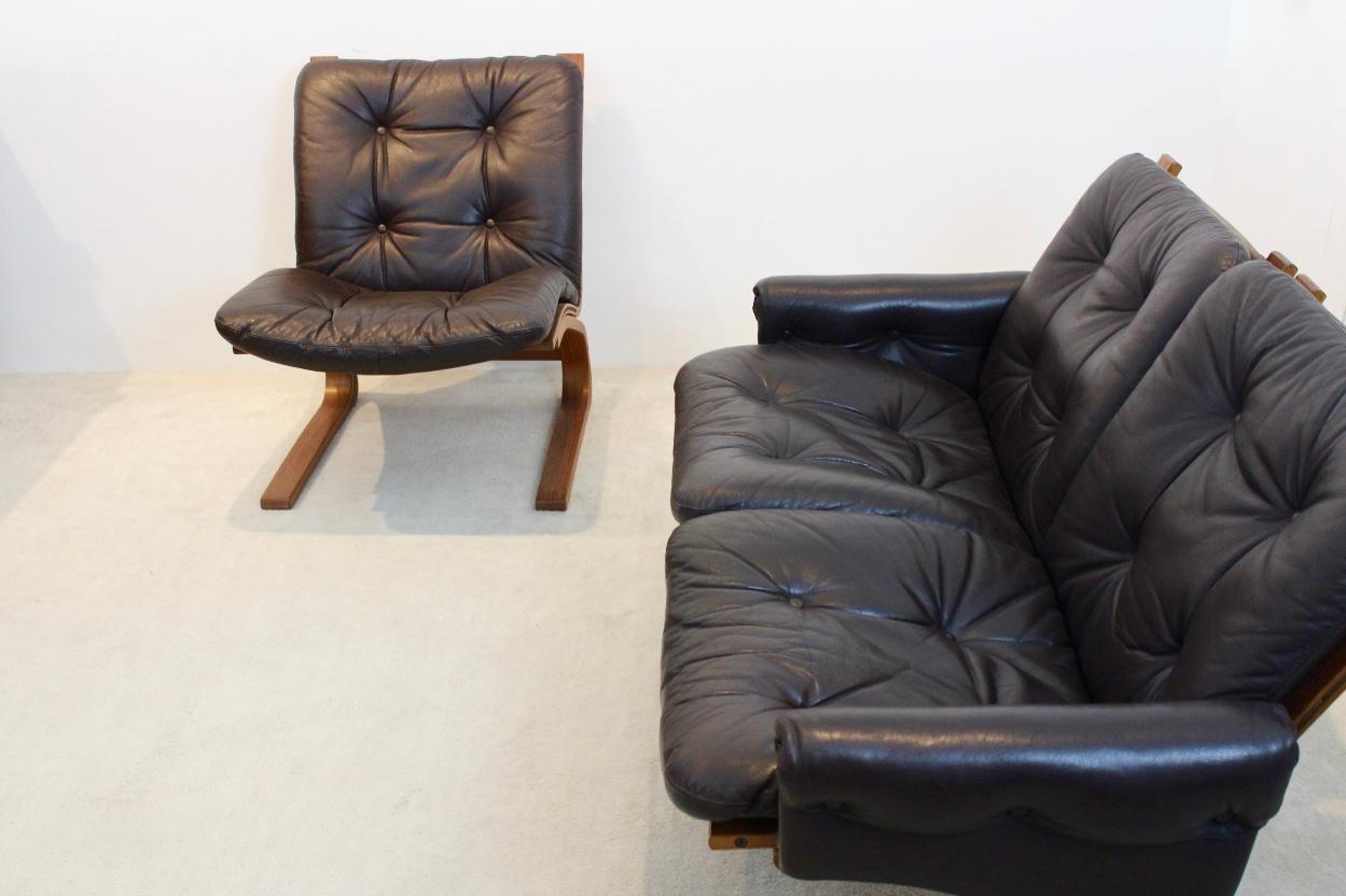 Norwegian Teak, Leather Kengu Sofa Set by Elsa & Nordahl Solheim for Rybo Rykken For Sale 6