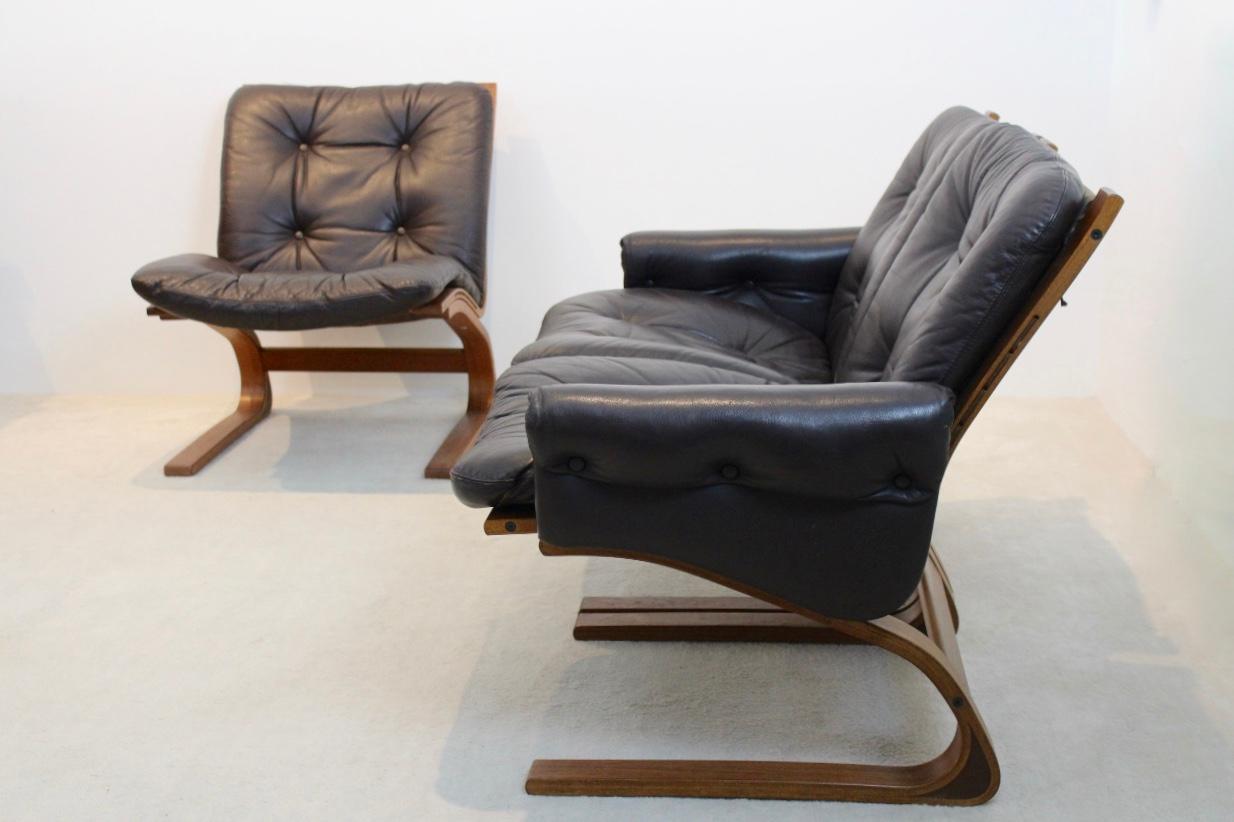 Norwegian Teak, Leather Kengu Sofa Set by Elsa & Nordahl Solheim for Rybo Rykken In Good Condition For Sale In Voorburg, NL