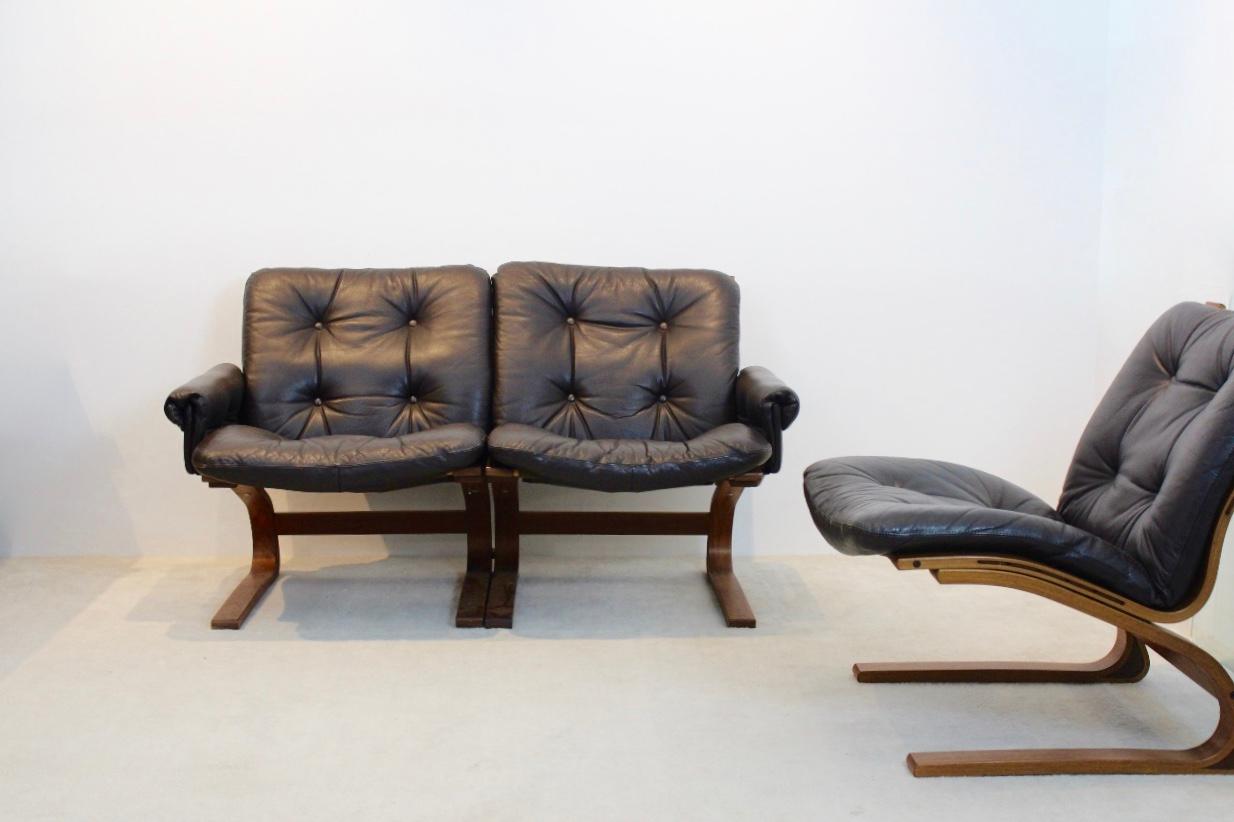 20th Century Norwegian Teak, Leather Kengu Sofa Set by Elsa & Nordahl Solheim for Rybo Rykken For Sale