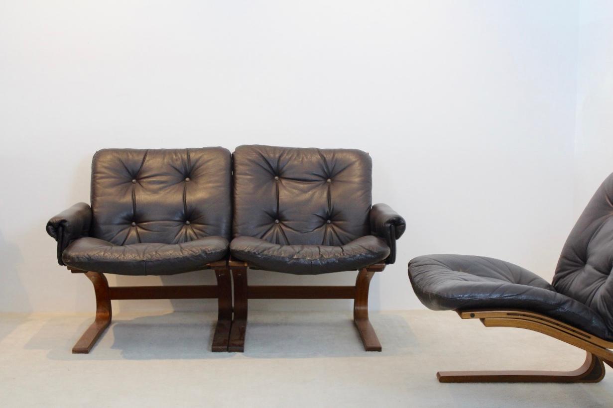 Norwegian Teak, Leather Kengu Sofa Set by Elsa & Nordahl Solheim for Rybo Rykken For Sale 2