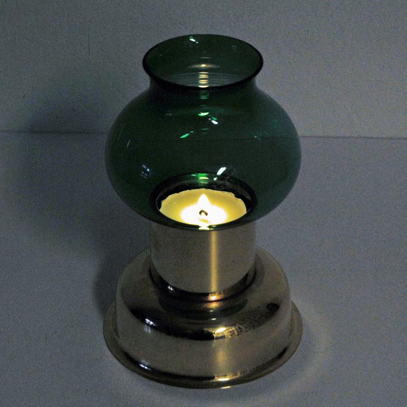 Scandinavian Modern Norwegian Vintage Odel Brass Candleholder with Green Glass Shade, 1960s