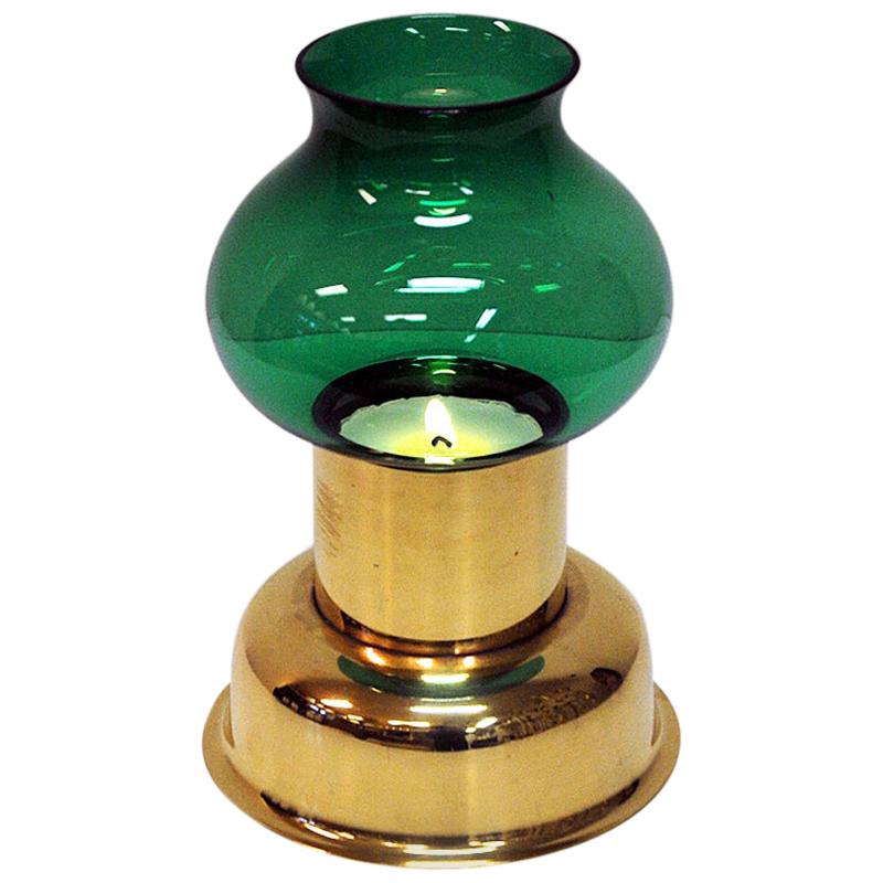 Norwegian Vintage Odel Brass Candleholder with Green Glass Shade, 1960s