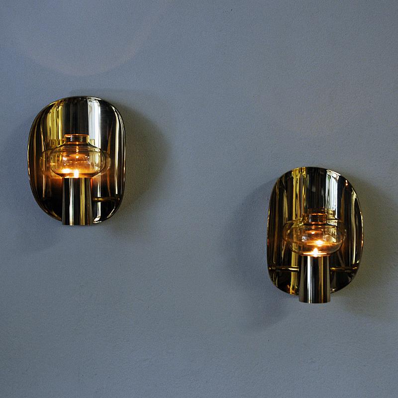 Polished Norwegian Vintage Pair of Brass Wall Candleholders by Odel Messing 1960s