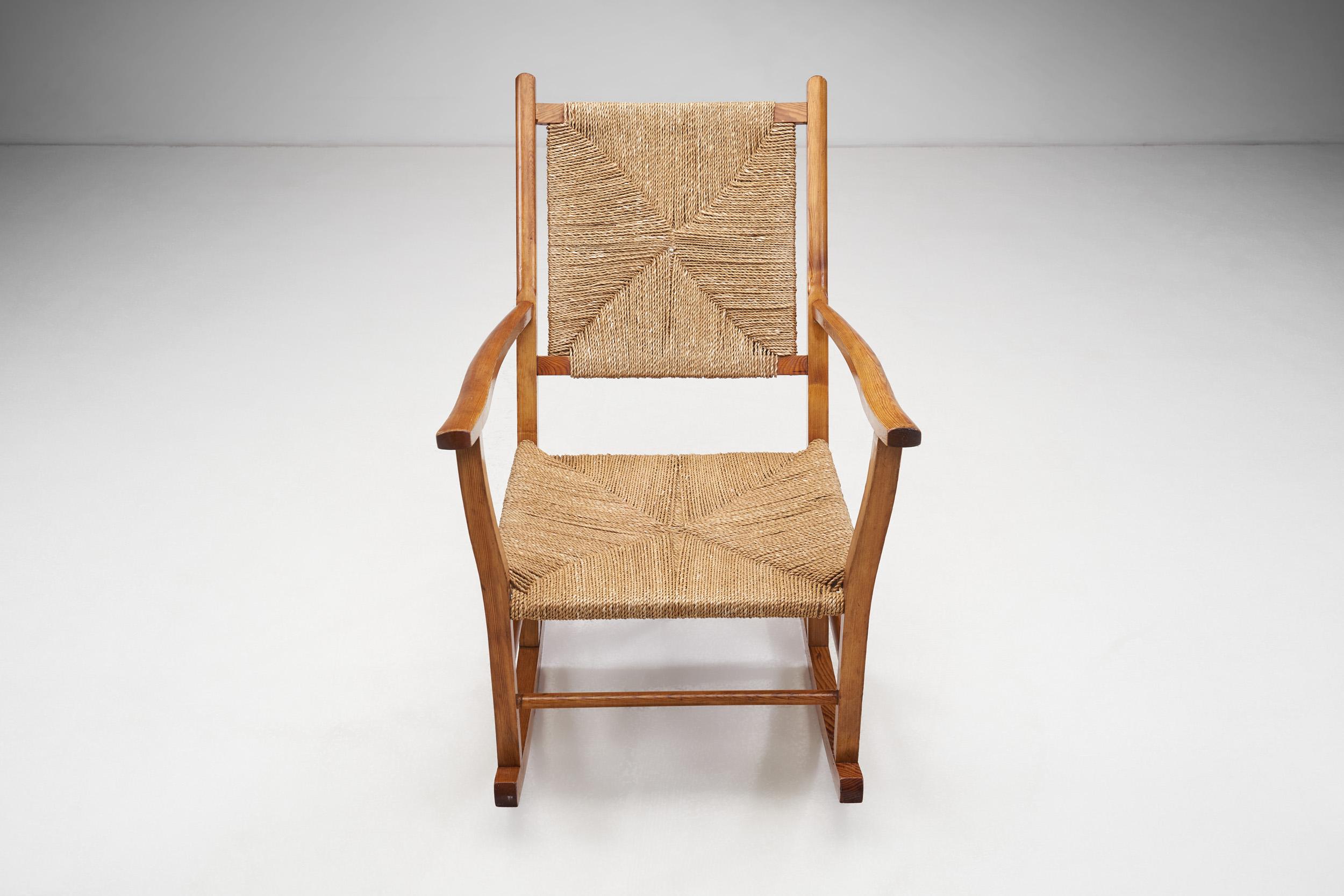 Norwegian Wood and Papercord Rocking Chair by Slåke Møbelfabrik, Norway 1940s 5