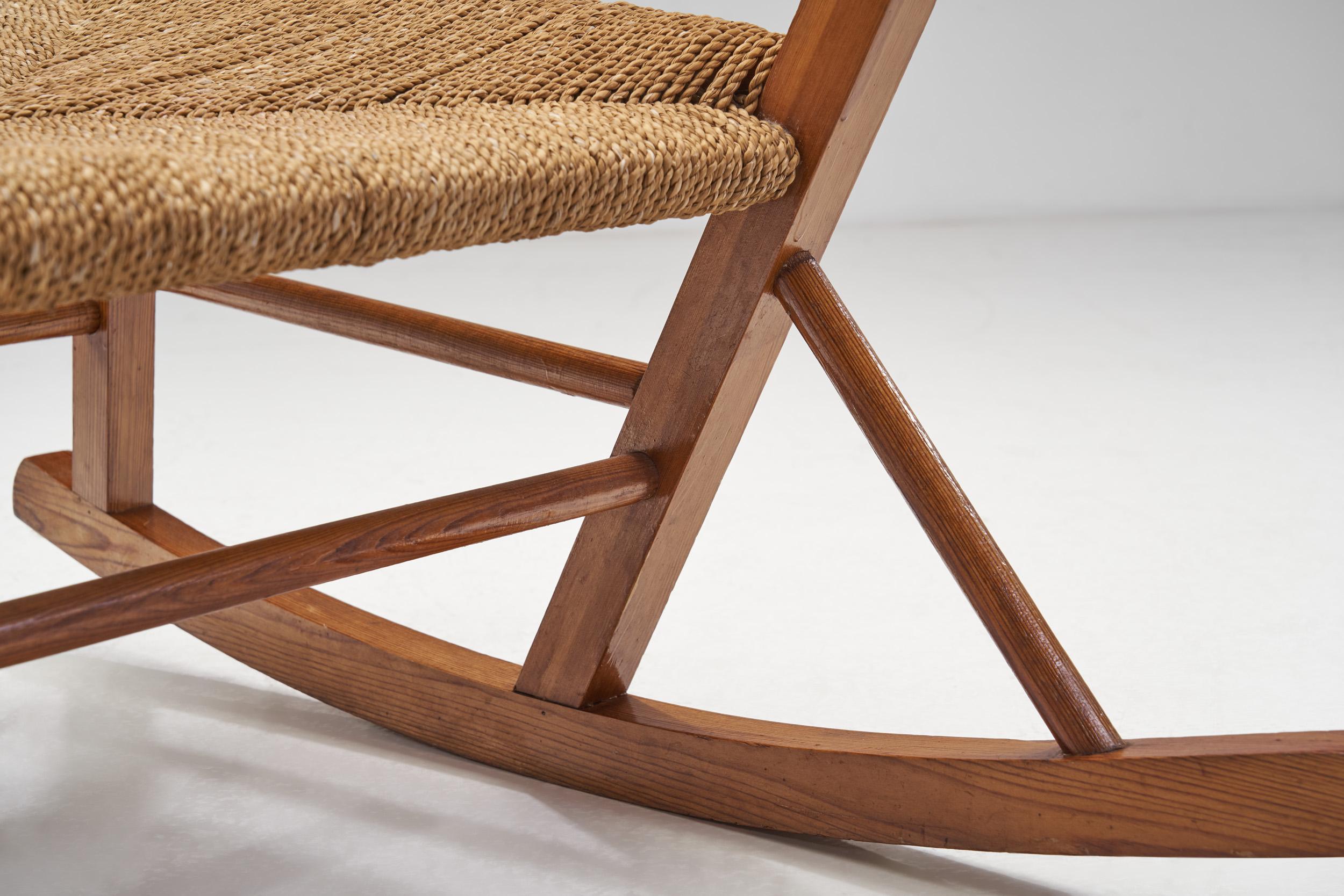 Norwegian Wood and Papercord Rocking Chair by Slåke Møbelfabrik, Norway 1940s 9