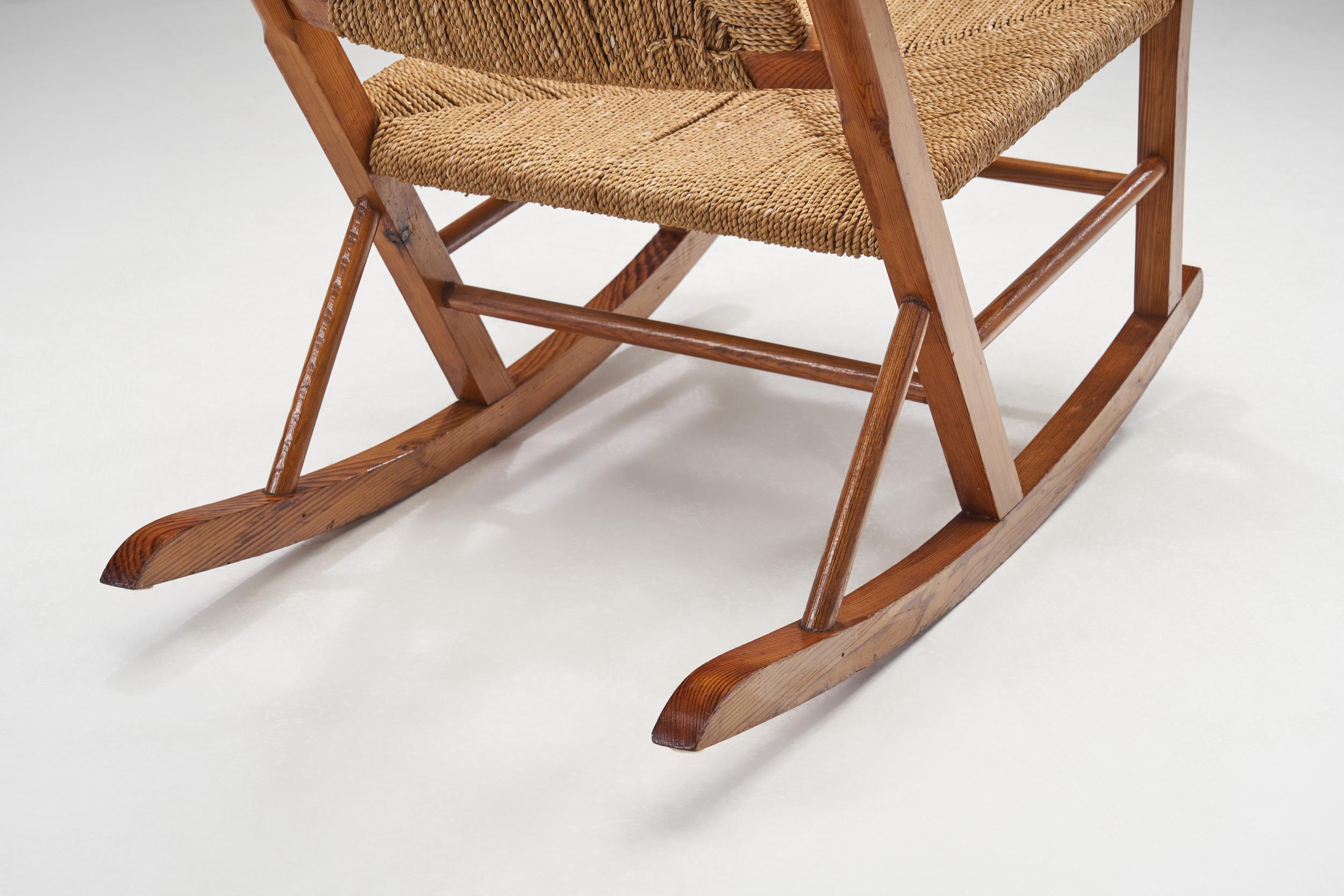 Norwegian Wood and Papercord Rocking Chair by Slåke Møbelfabrik, Norway 1940s 10