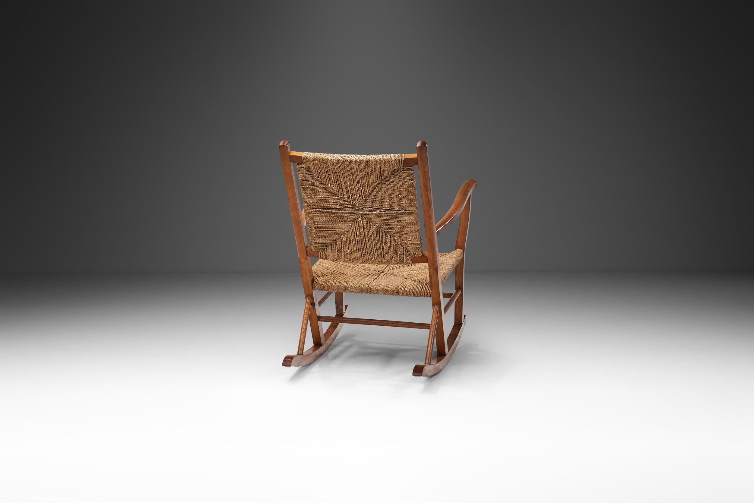 Mid-Century Modern Norwegian Wood and Papercord Rocking Chair by Slåke Møbelfabrik, Norway 1940s For Sale