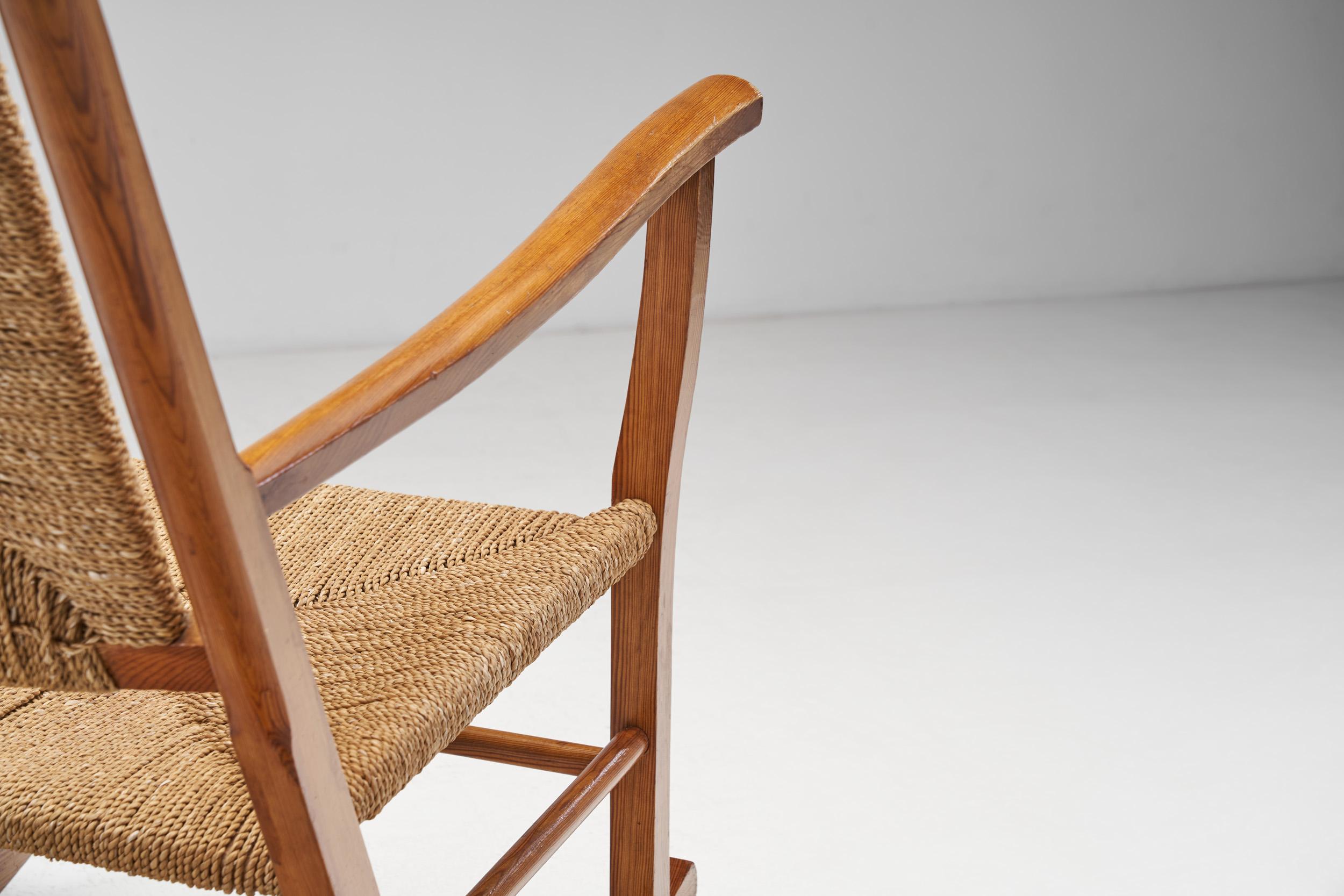 Norwegian Wood and Papercord Rocking Chair by Slåke Møbelfabrik, Norway 1940s For Sale 2