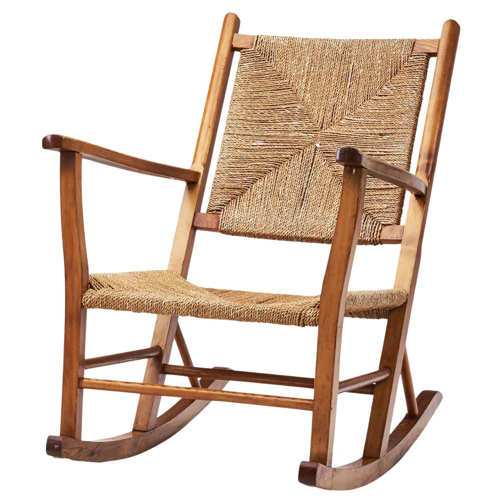 Norwegian Wood and Papercord Rocking Chair by Slåke Møbelfabrik, Norway 1940s For Sale