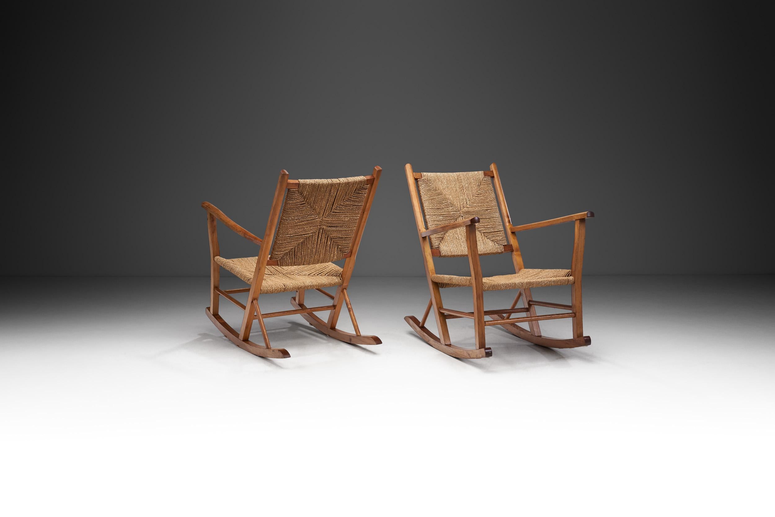 Scandinavian Modern Norwegian Wood and Papercord Rocking Chairs by Slåke Møbelfabrikk, Norway 1940s