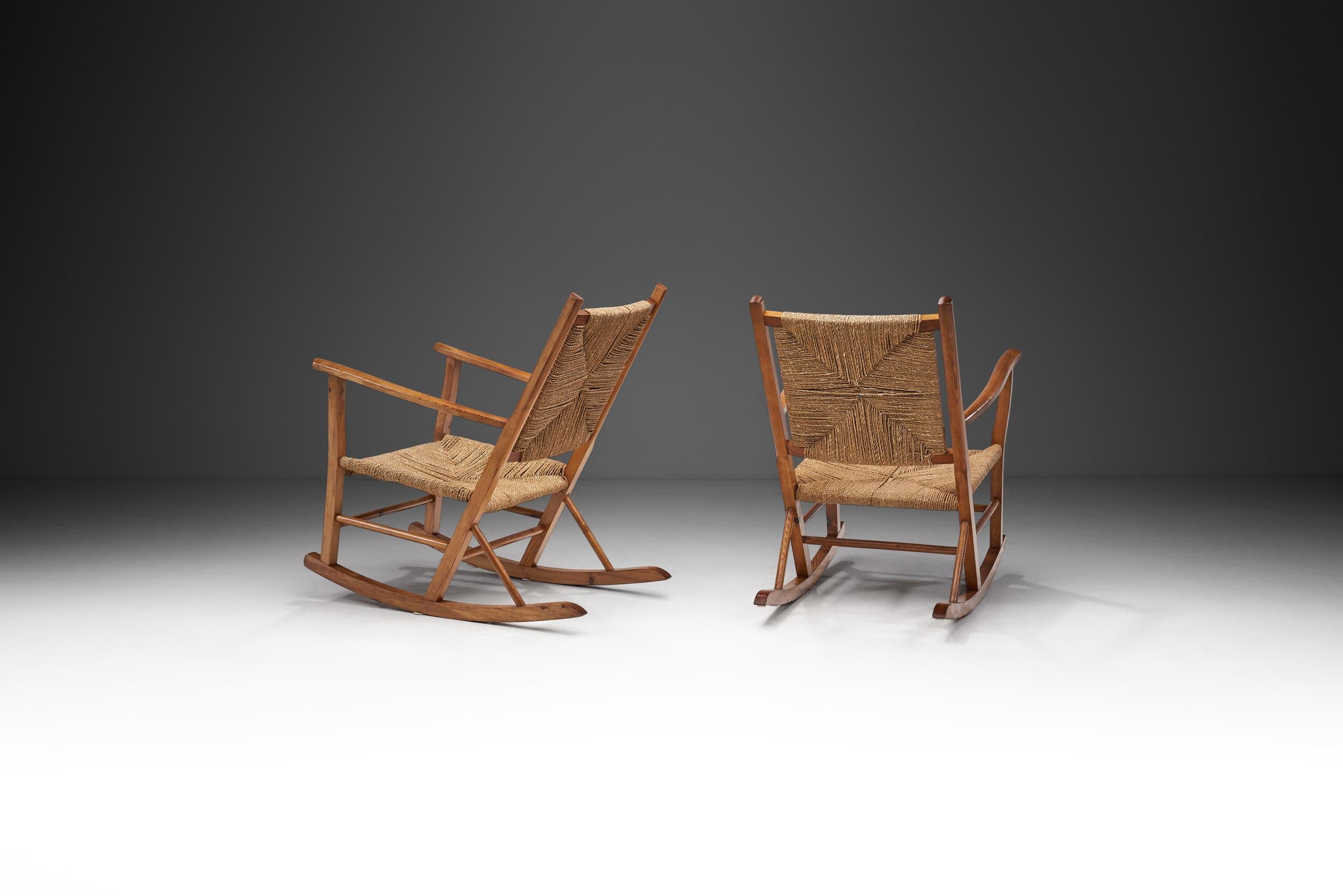 Norwegian Wood and Papercord Rocking Chairs by Slåke Møbelfabrikk, Norway 1940s In Good Condition For Sale In Utrecht, NL