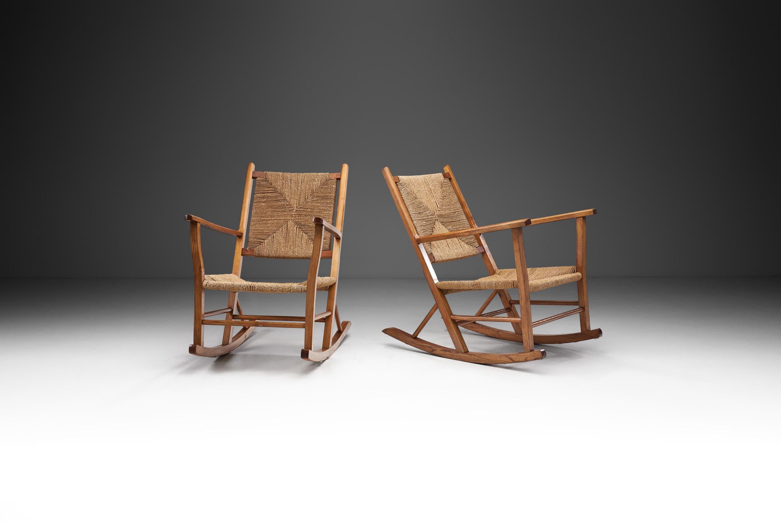 Mid-20th Century Norwegian Wood and Papercord Rocking Chairs by Slåke Møbelfabrikk, Norway 1940s For Sale