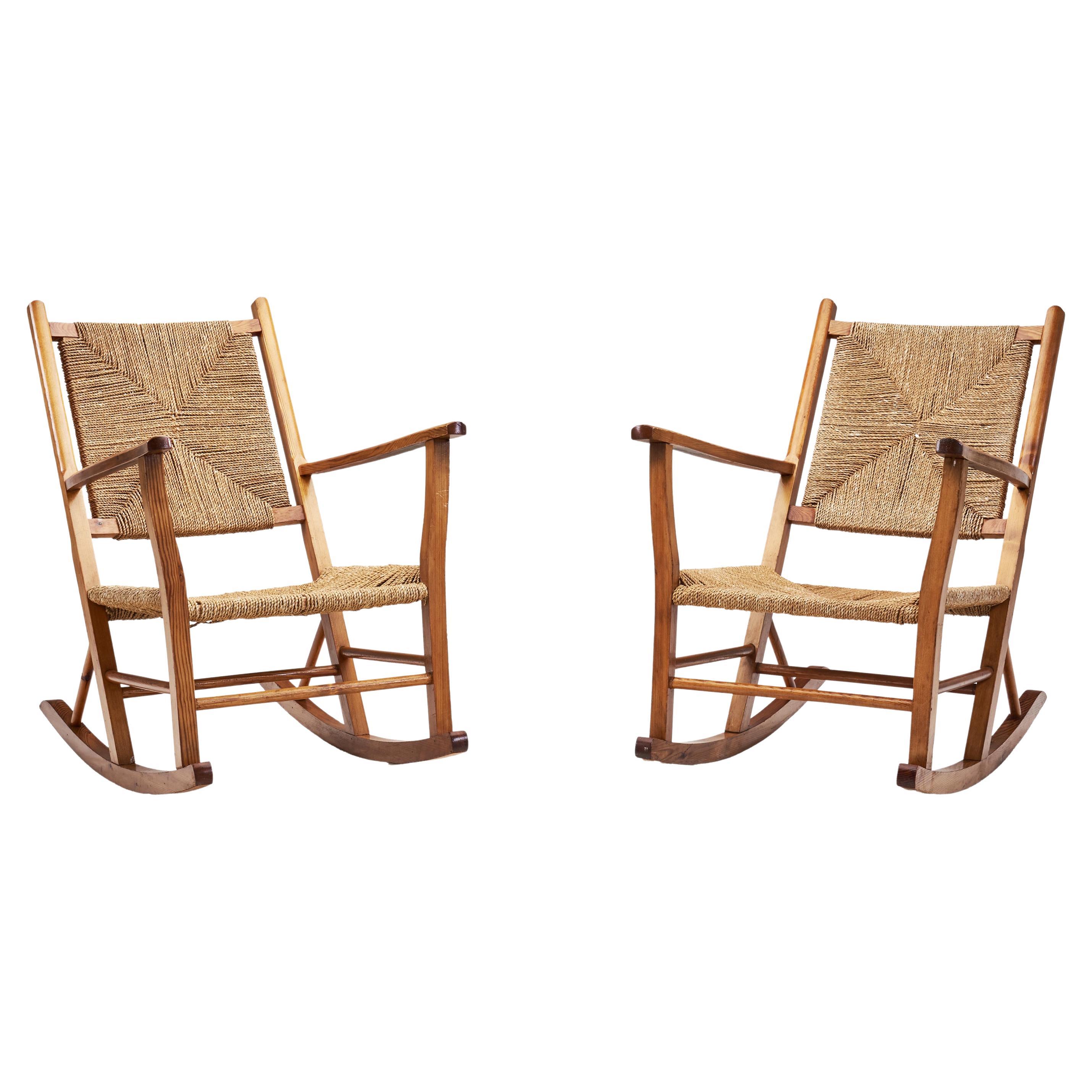Norwegian Wood and Papercord Rocking Chairs by Slåke Møbelfabrikk, Norway 1940s For Sale
