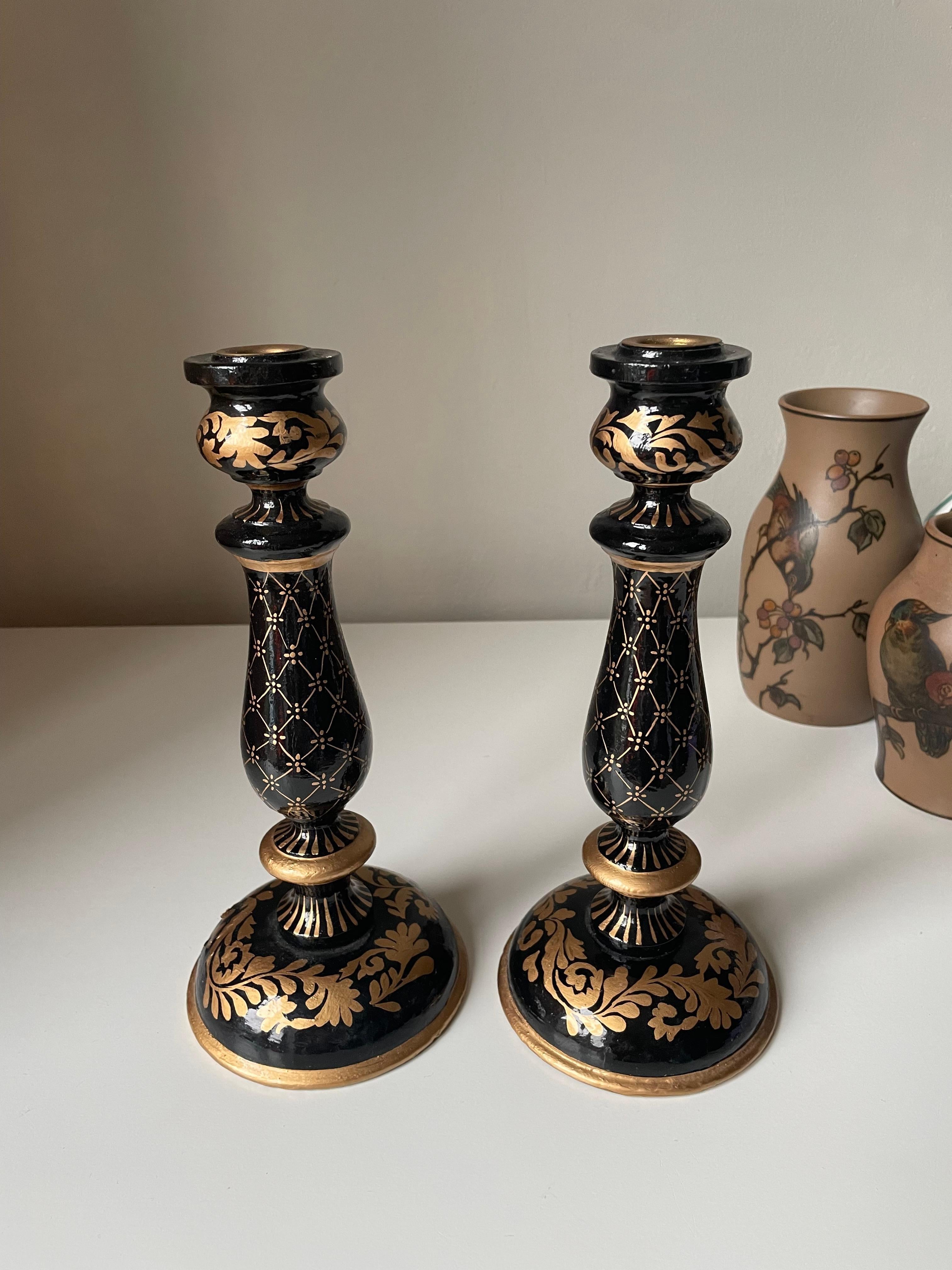 Hand-Crafted Norwegian Wood Black Golden Painted Candlesticks, 1980s For Sale
