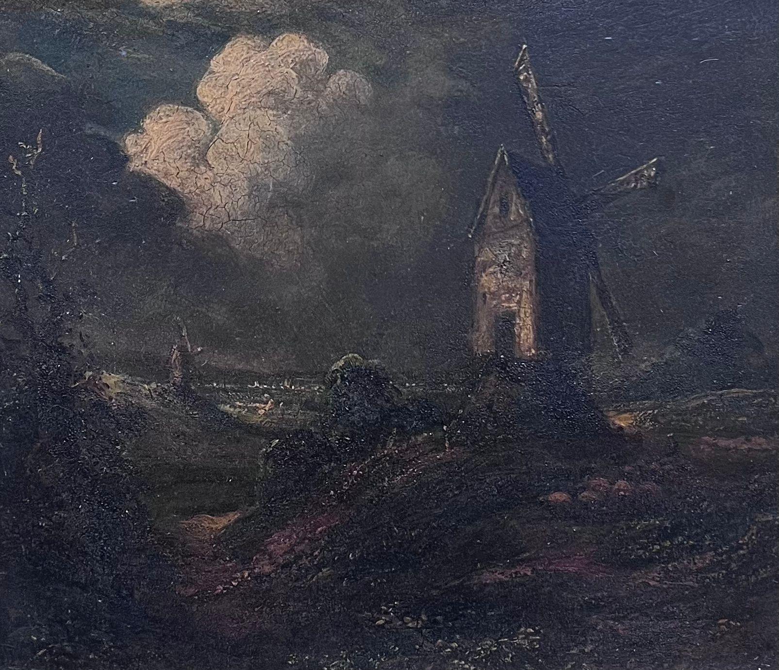 Antique English 19th Century Oil Windmill Under Night Sky Fluffy Clouds Framed - Painting by Norwich School