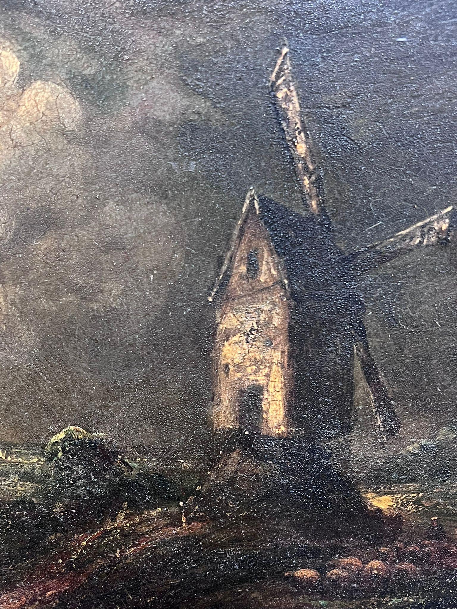 Antique English 19th Century Oil Windmill Under Night Sky Fluffy Clouds Framed For Sale 1