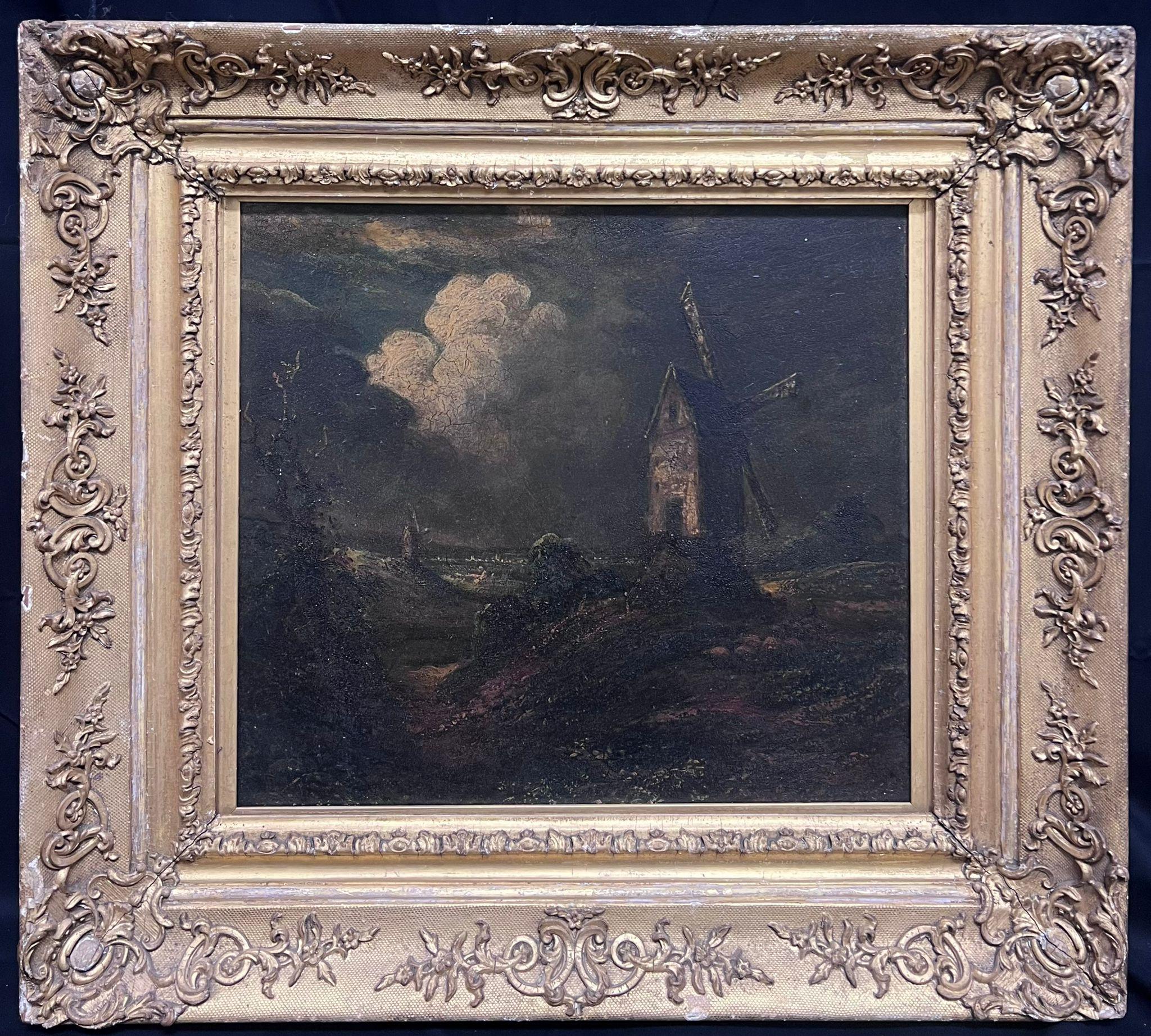 Norwich School Landscape Painting - Antique English 19th Century Oil Windmill Under Night Sky Fluffy Clouds Framed