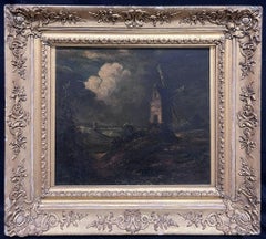 Antique English 19th Century Oil Windmill Under Night Sky Fluffy Clouds Framed