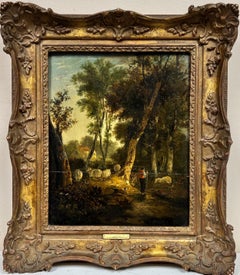 Used Early 1800's English Oil Painting Wood Panel Norfolk Rural Lane Man & Dog