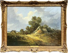 Large Victorian Norwich School Oil Thatched Cottages in Rural Landscape, framed