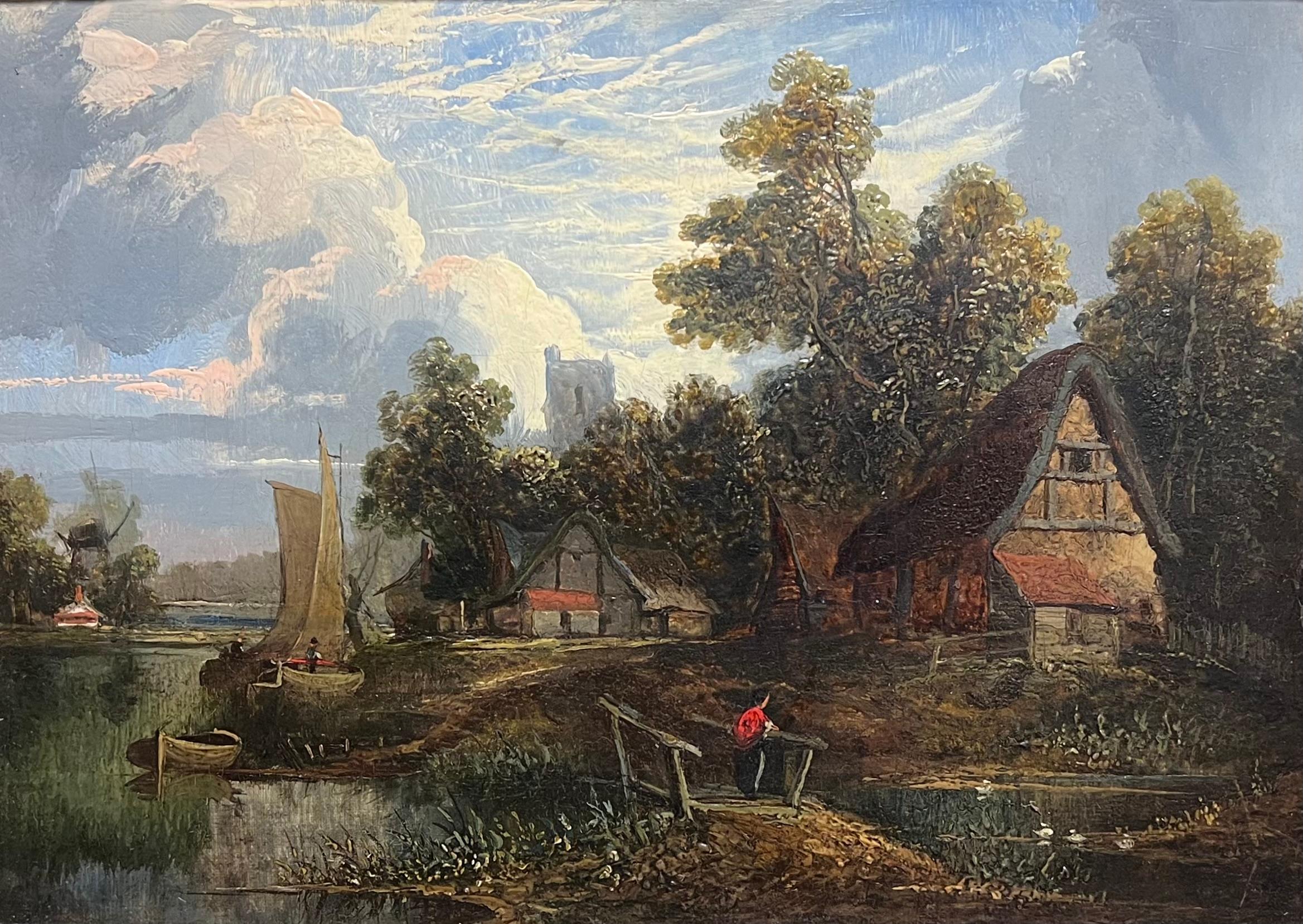 Paisaje fluvial inglés de mediados del siglo XIX Cabaña y figura en el río Wherry - Painting de Norwich School