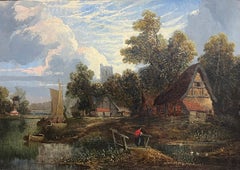 Mid-19th Century English River Landscape Cottage and Figure on River Wherry