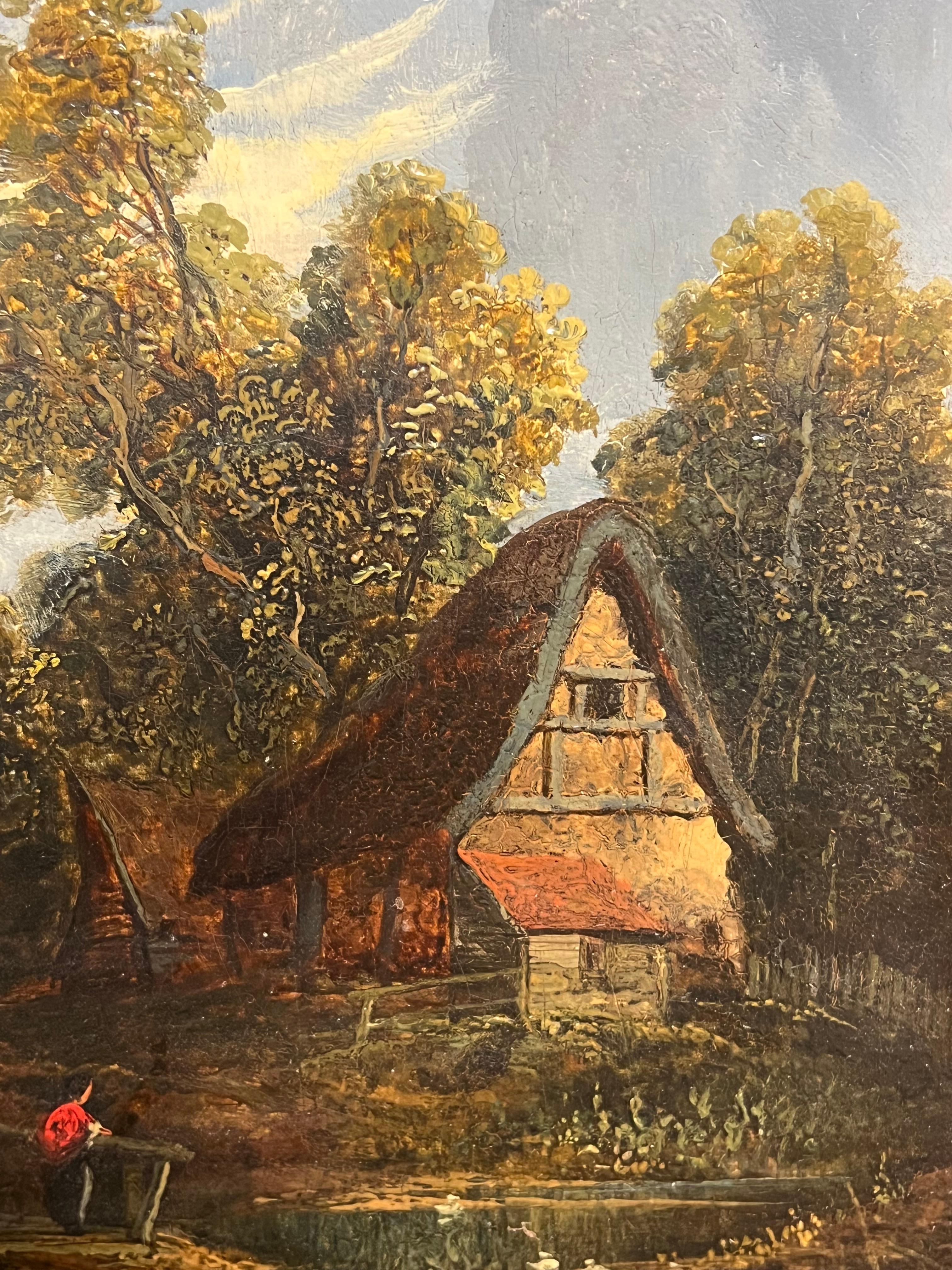 Paisaje fluvial inglés de mediados del siglo XIX Cabaña y figura en el río Wherry - Painting Impresionista de Norwich School