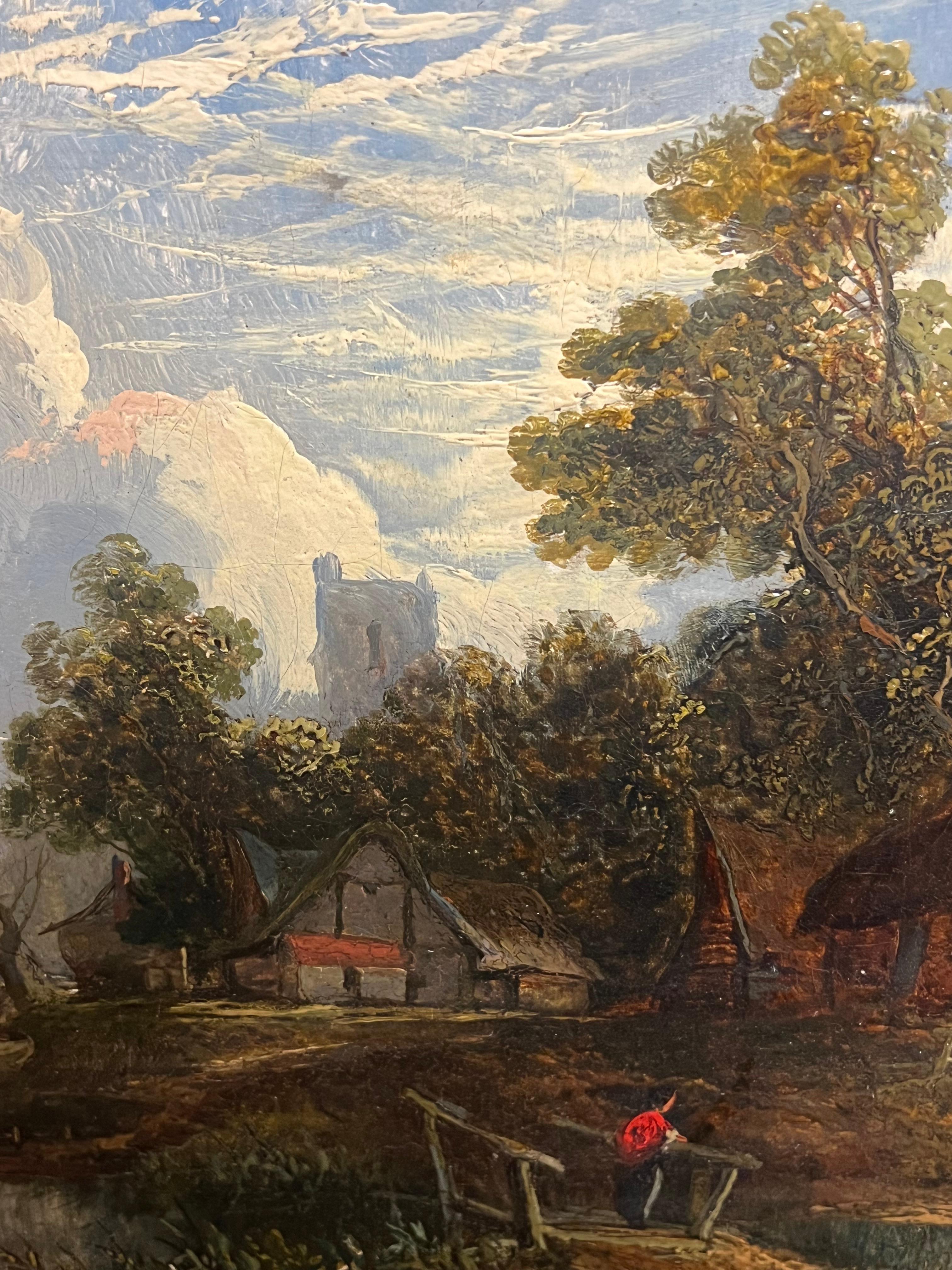 Paisaje fluvial inglés de mediados del siglo XIX Cabaña y figura en el río Wherry - Figurative Painting Negro de Norwich School