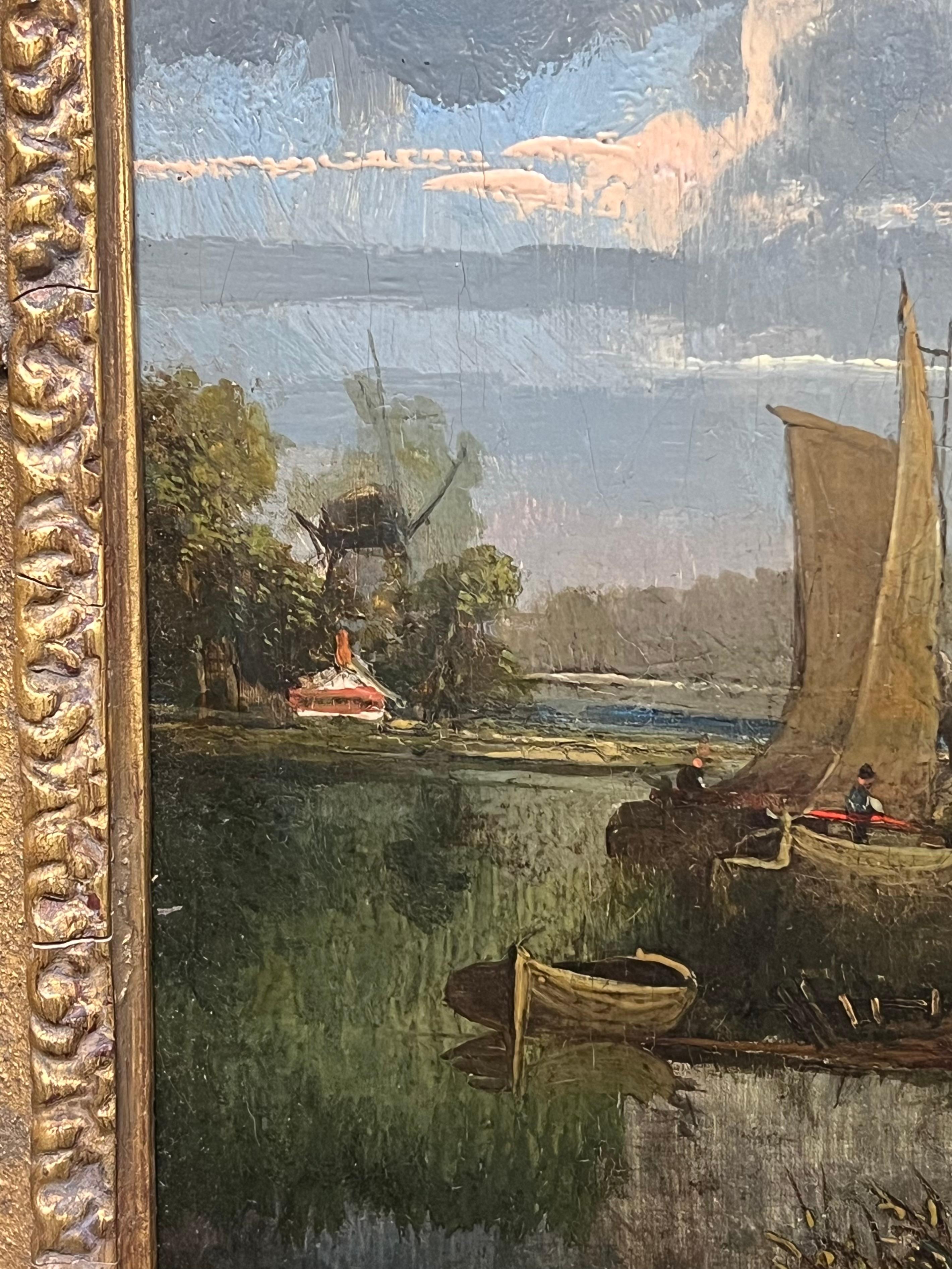 Paisaje fluvial inglés de mediados del siglo XIX Cabaña y figura en el río Wherry en venta 2
