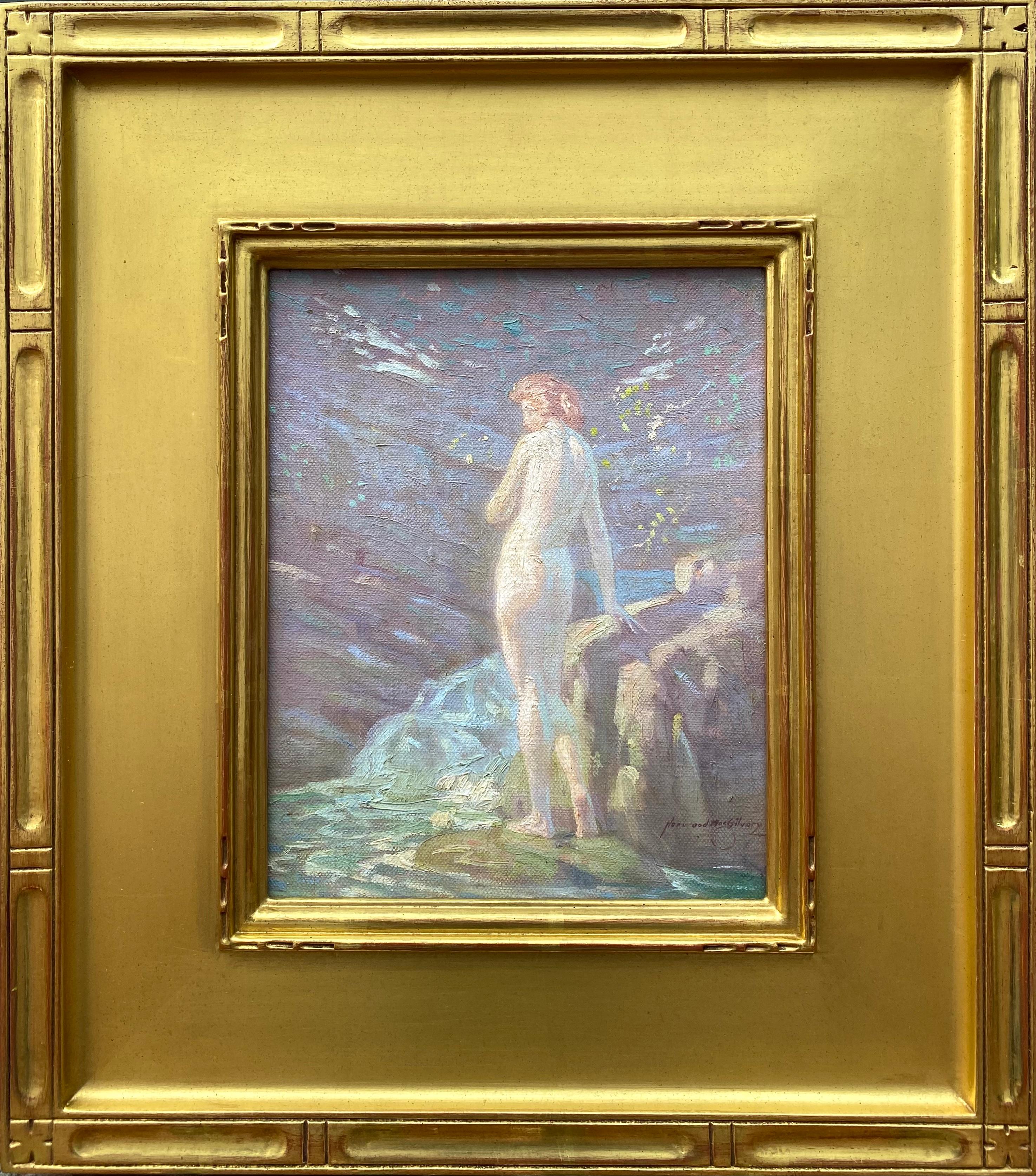 Très finement peinte en couleurs pastel sourdes, cette huile sur toile est une peinture originale de l'artiste américain Norwood Hodge MacGilvery.  Signé en bas à droite. Titré au verso avec l'étiquette de l'exposition Salmagundi. Circa 1915. L'état