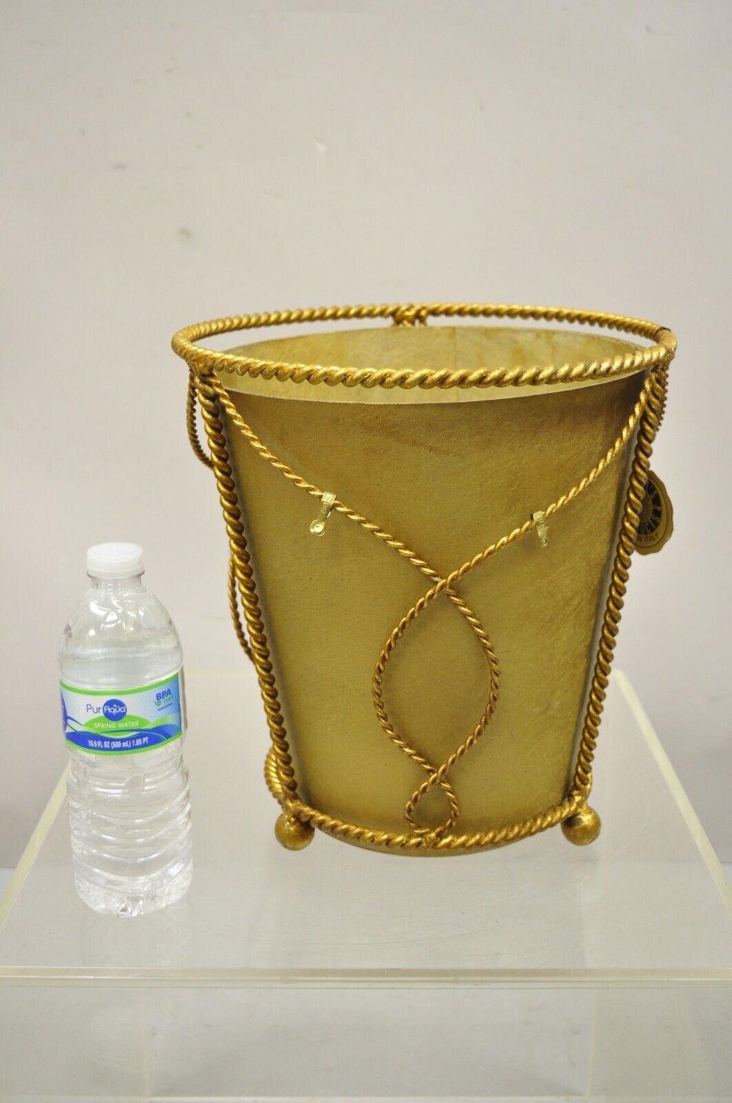 NOS Italian Gold Gilt Iron Hollywood Regency Wastebasket Trashcan with Liner For Sale 6