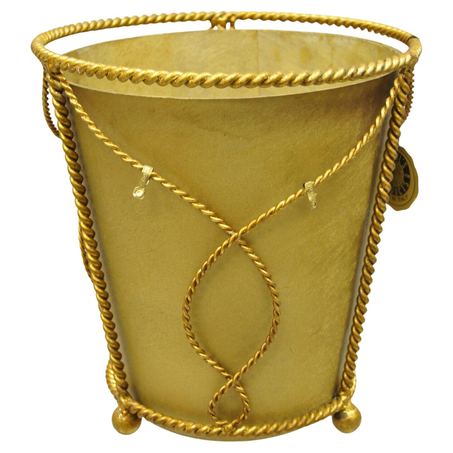 NOS Italian Gold Gilt Iron Hollywood Regency Wastebasket Trashcan with Liner