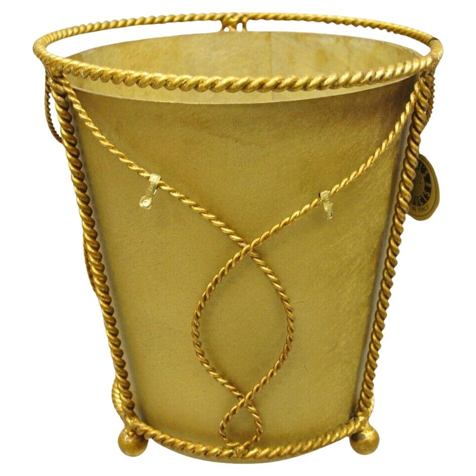 NOS Italian Gold Gilt Iron Hollywood Regency Wastebasket Trashcan with Liner For Sale