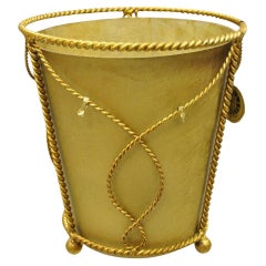 Vintage NOS Italian Gold Gilt Iron Hollywood Regency Wastebasket Trashcan with Liner