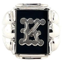 NOS Retro Large Initial Onyx Signet Ring "K" White Gold Original 1940-1950