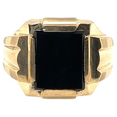 NOS Retro Mens Onyx Cocktail Ring Yellow Gold Antique Original 1940s-1950s