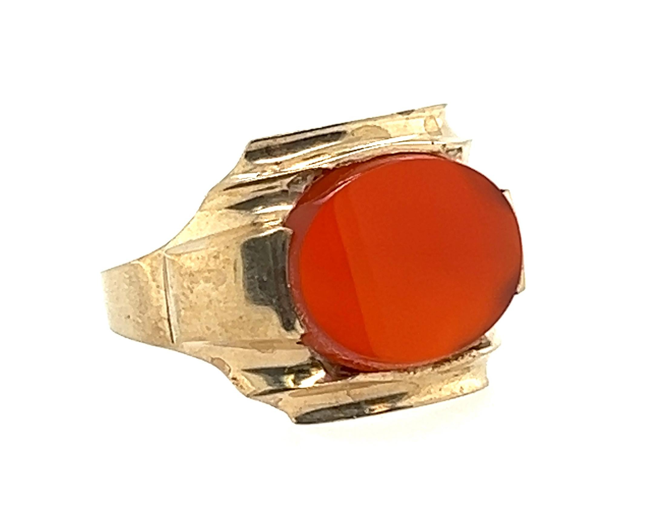 Oval Cut NOS Retro Men's Orange Chalcedony Ring Yellow Gold Antique Original 1940s-1950s