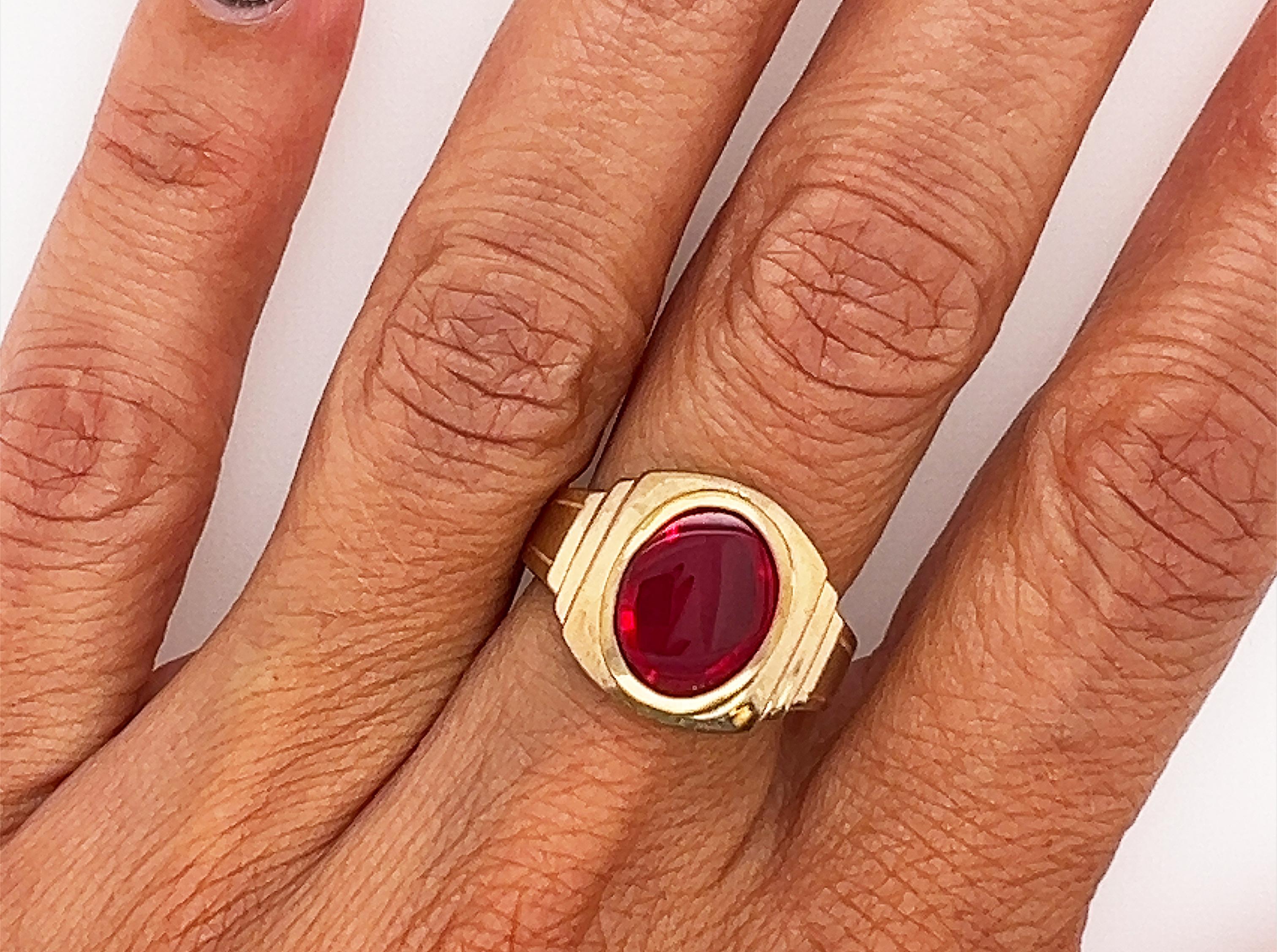 Women's or Men's NOS Retro Ruby Mens Cocktail Ring Yellow Gold Antique Original 1940-1950 For Sale