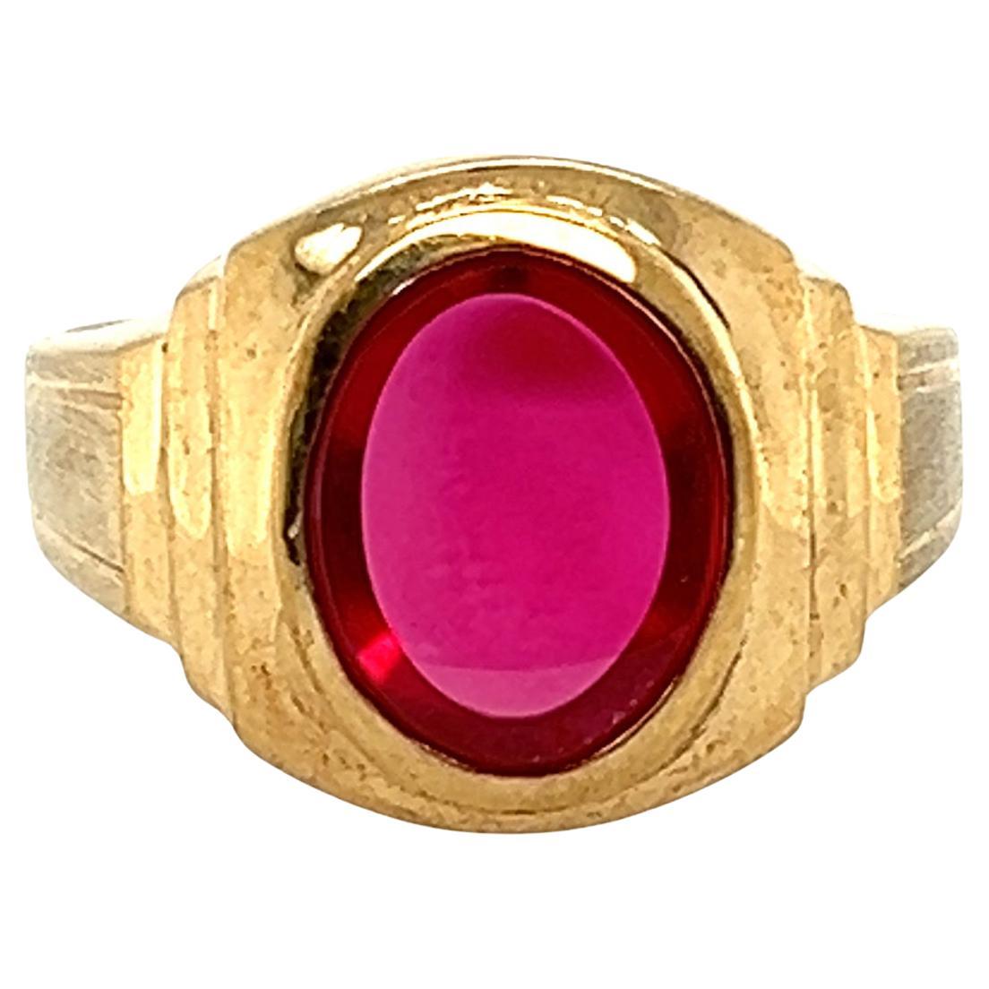 NOS Retro Ruby Mens Cocktail Ring Yellow Gold Antique Original 1940-1950 For Sale
