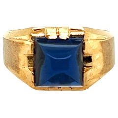 NOS Retro Sapphire Men's Ring 4ct Antique Original 1940-1950 Yellow Gold