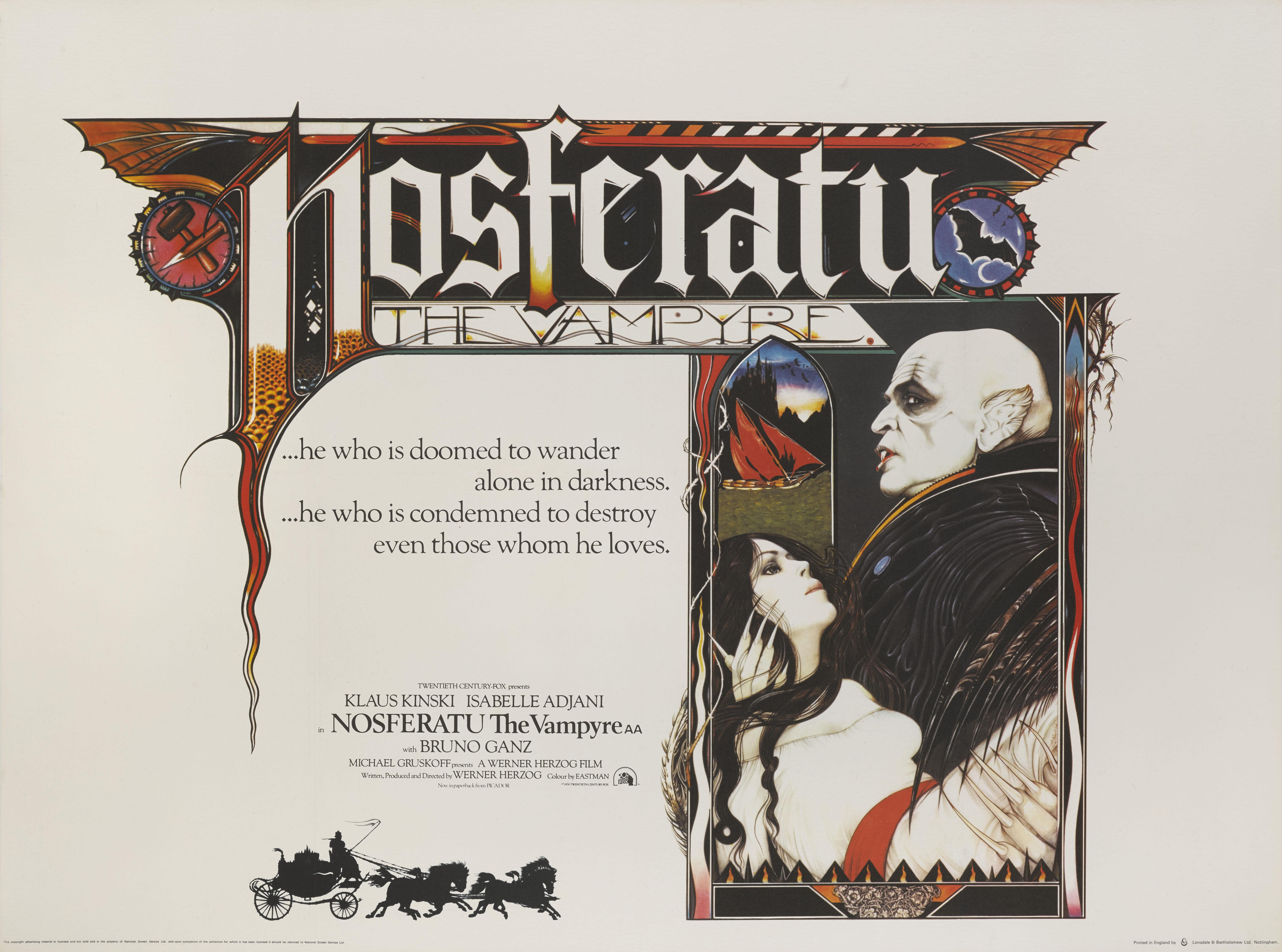Original British film poster for the 1973 horror film Nosferatu the Vampyre. This film was directed by Werner Herzog and starred Klaus Kinski, Isabelle Adjani and Bruno Ganz. The artwork is by the American illustrator David Palladini (b.