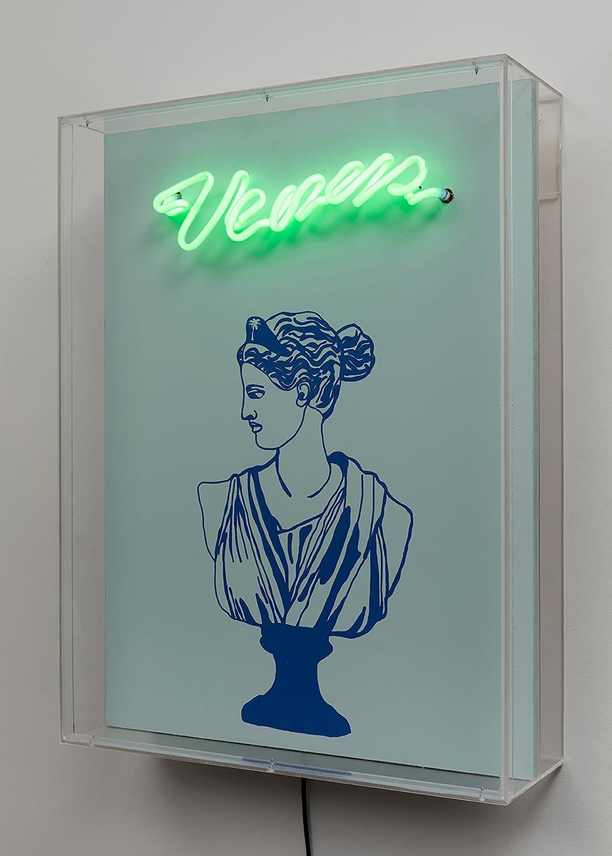 Nostalgia and Venus Diptych, 2019  Paloma Castello 
From the series Neon Classics
Screen printing with neon lights
Overall size: 24 H in x 36.2 W x 5.9 D in. 
Individual size: 24 H in x 18.1 W x 5.9 D in. 
Edition 6/10

In her work She likes to
