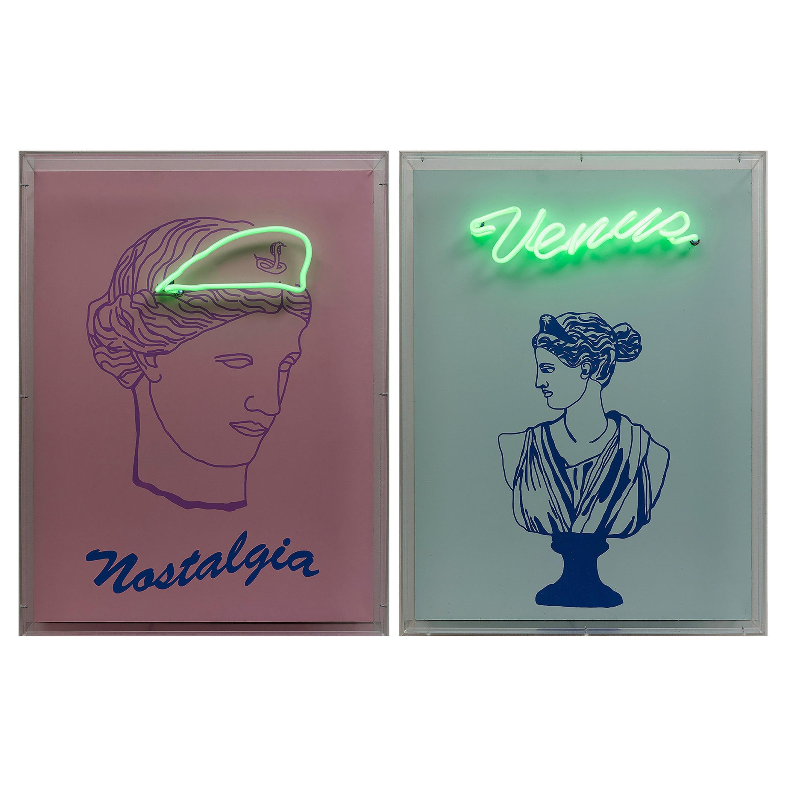 Nostalgia und Venus Diptychon. Neon-Lichtkasten Wandskulptur. 