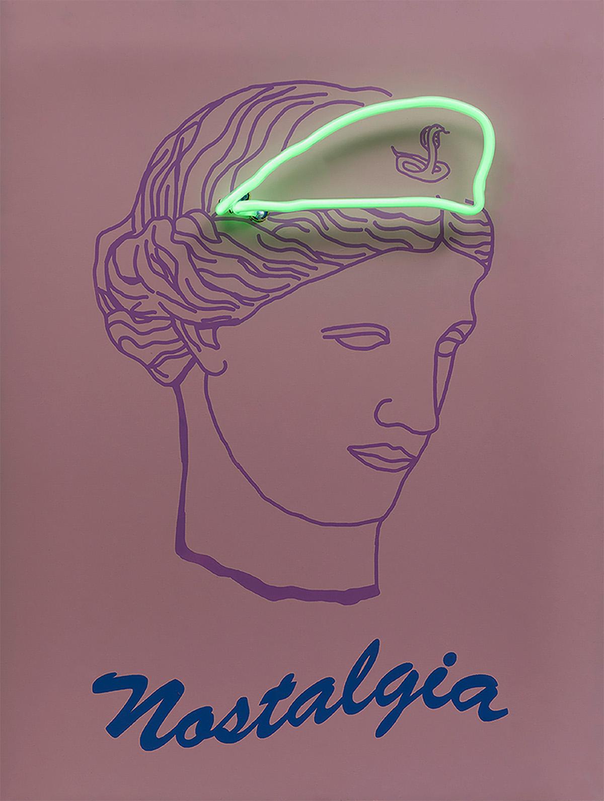 Nostalgia, 2019  Paloma Castello 
From the series Neon Classics
Screen printing with neon lights
Dimensions: 24 H in x 18.1 W x 5.9 D in. 
Edition 2/10

In her work She likes to bring life to objects or icons from the past, intervening in them a