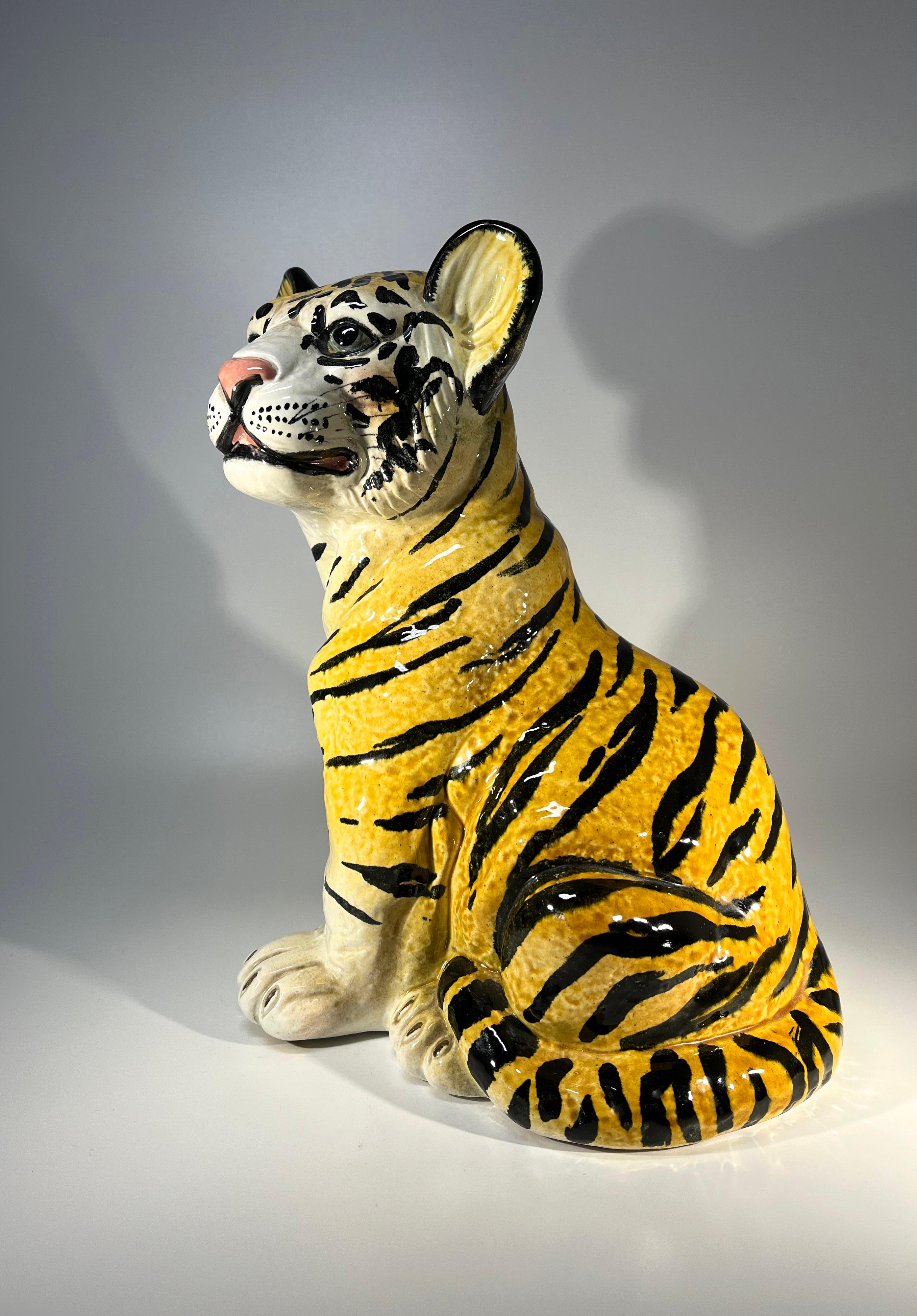 Hand-Painted Nostalgic 1960's Italian Ceramic Tiger Cub, Adorable Retro For Sale
