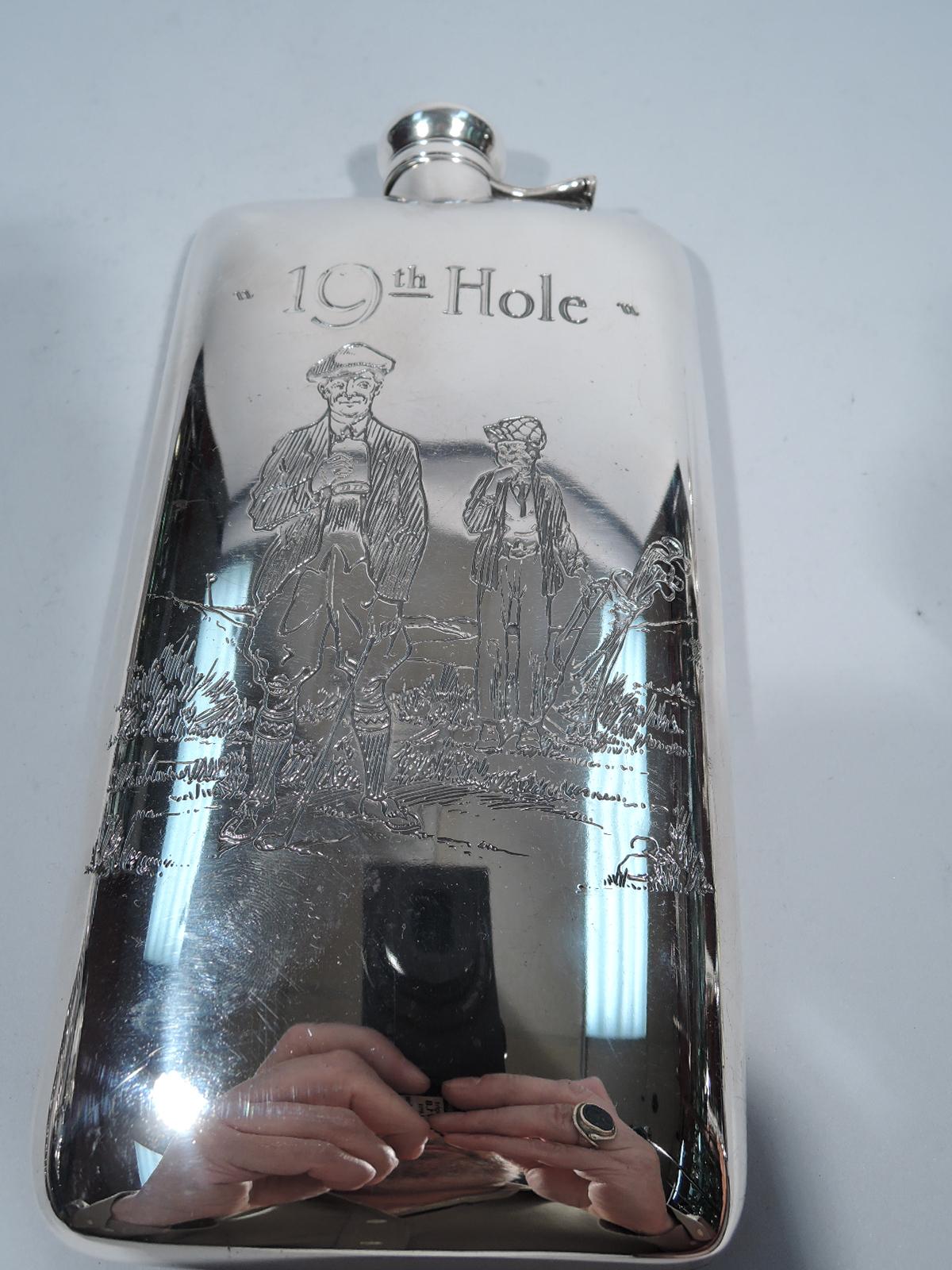 Large Edwardian sterling silver flask with engraved golfing scene. Made by William B. Kerr in Newark, circa 1910. Rectilinear with hinged and cork-lined cover. On front is man in plus-fours and cap holding a golf club in one hand and flask in the